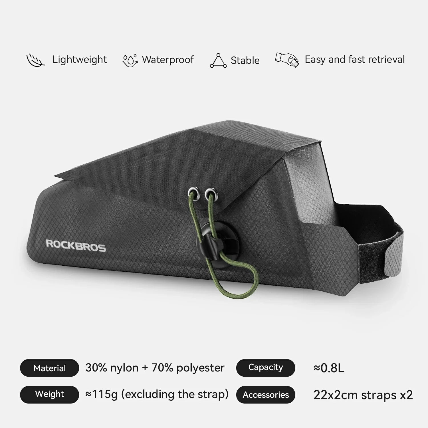 A black Rockbros waterproof bicycle saddle bag with a green drawstring loop, shown on a light gray background with feature icons and specifications.