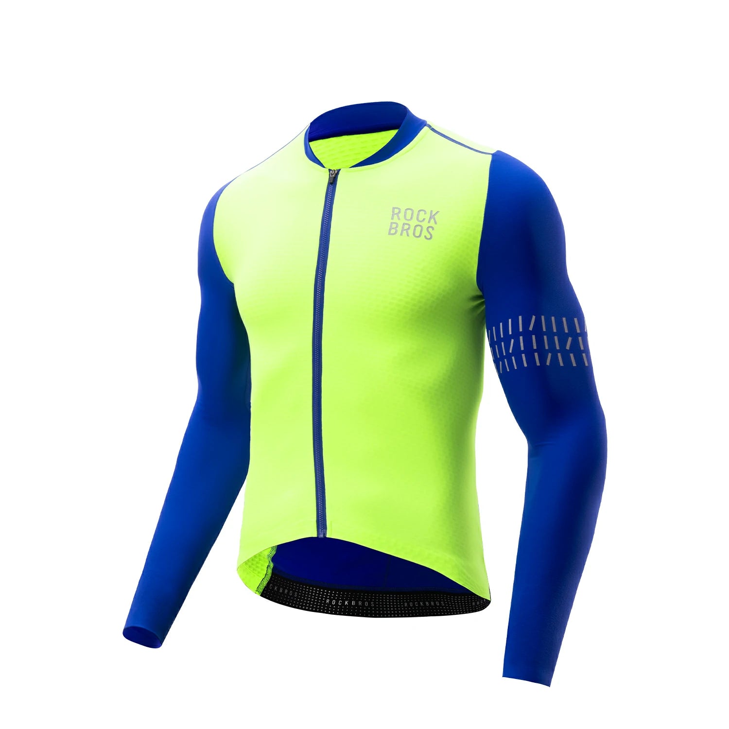 Bright yellow and blue cycling jersey with 'Rock Bros' branding on a white background #color_Yellow