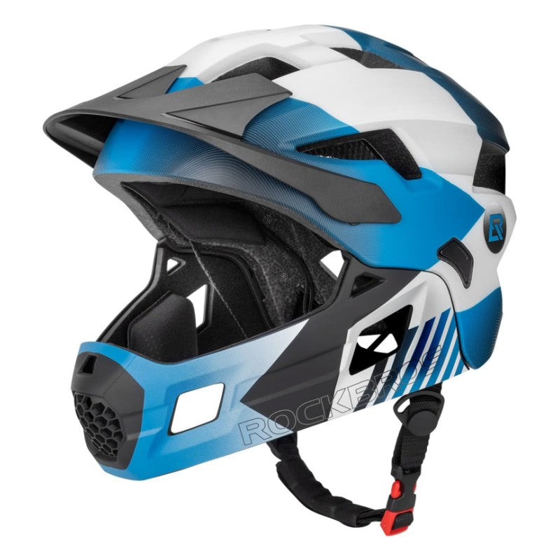 bike helmet kid ROCKBROS Kids Full Face Bike Helmet Ages 5-14 Anti-Collision Detachable Chin, Blue White Black / Medium