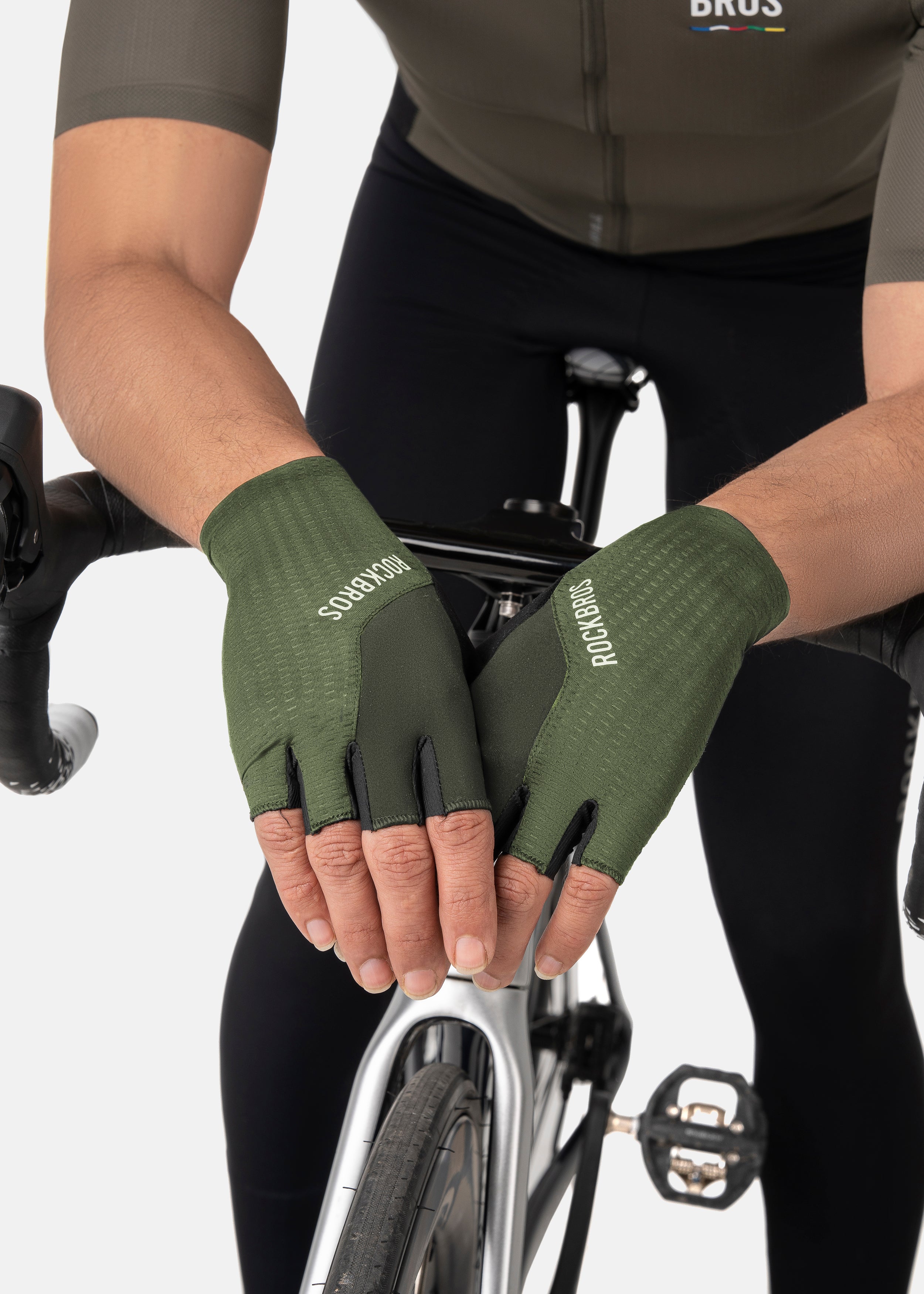 ROCKRBOS Road-to-Sky Cycling Fingerless Gloves #Color_Black Green