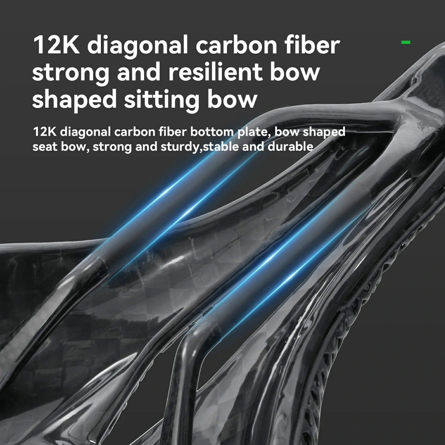 Carbon fiber component with text describing its features on a dark background