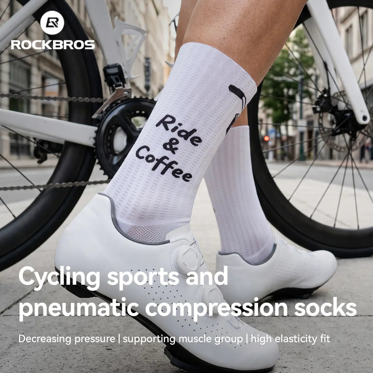 Cyclist wearing ROCKBROS socks with cycling shoes