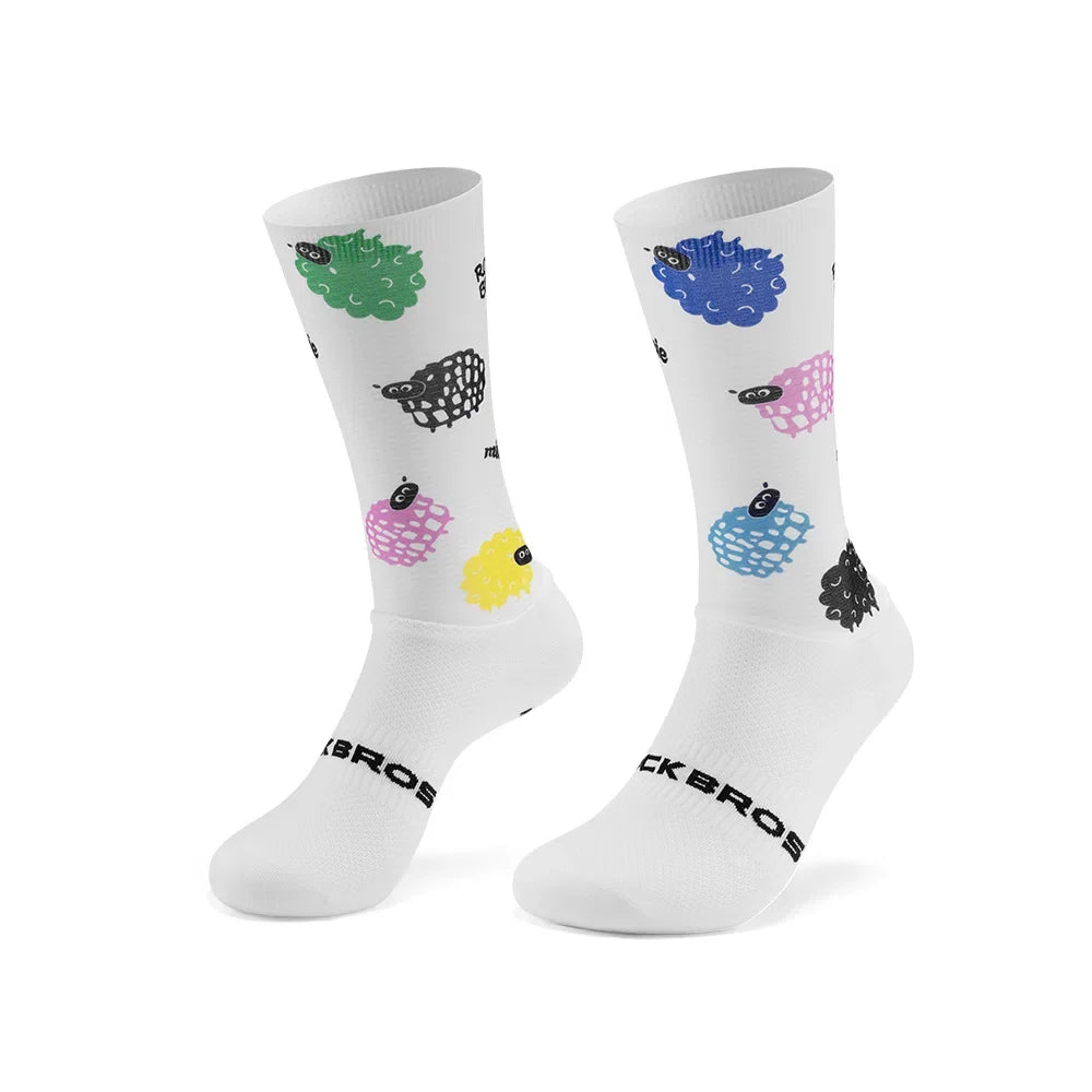 White crew socks with colorful lamb graphics