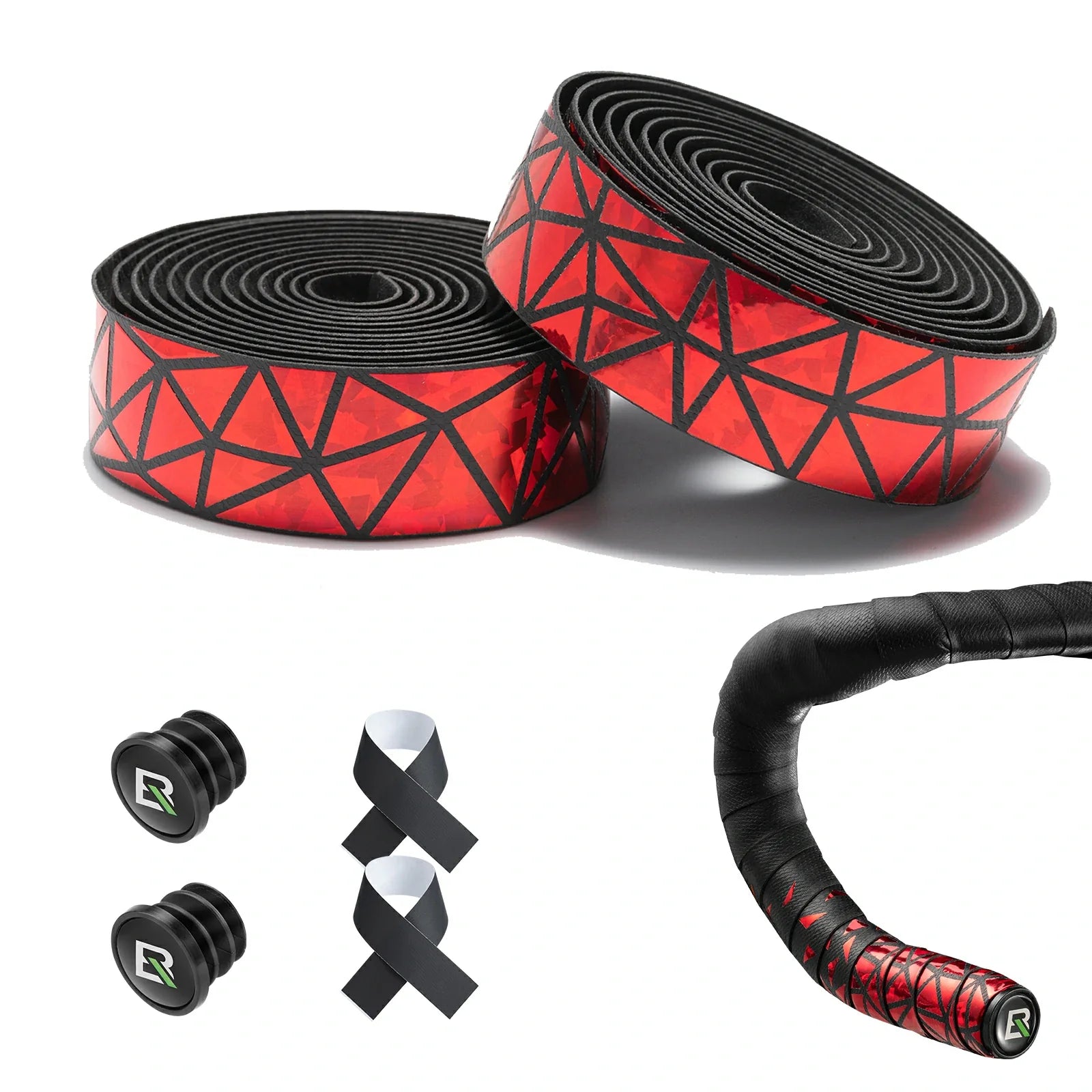 Grip tape and handlebar tape set shown on a white background, including two rolls of red and black geometric grip tape, a wrapped black handlebar section with red tape, two black handlebar end plugs, and two black-and-white tape strips. #Color_Red