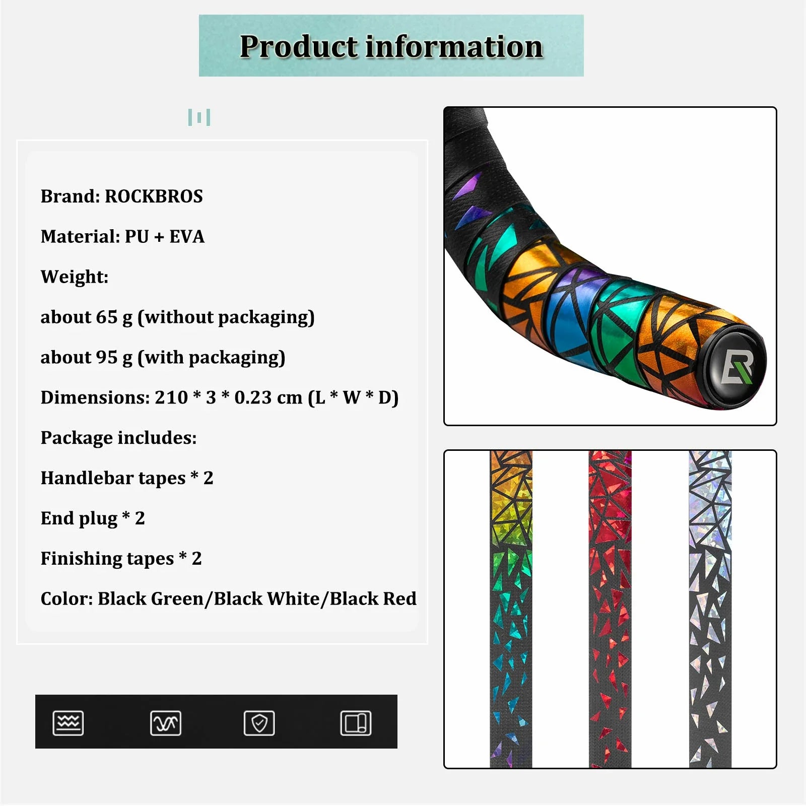 Product information for ROCKBROS handlebar tape with color options and dimensions.
