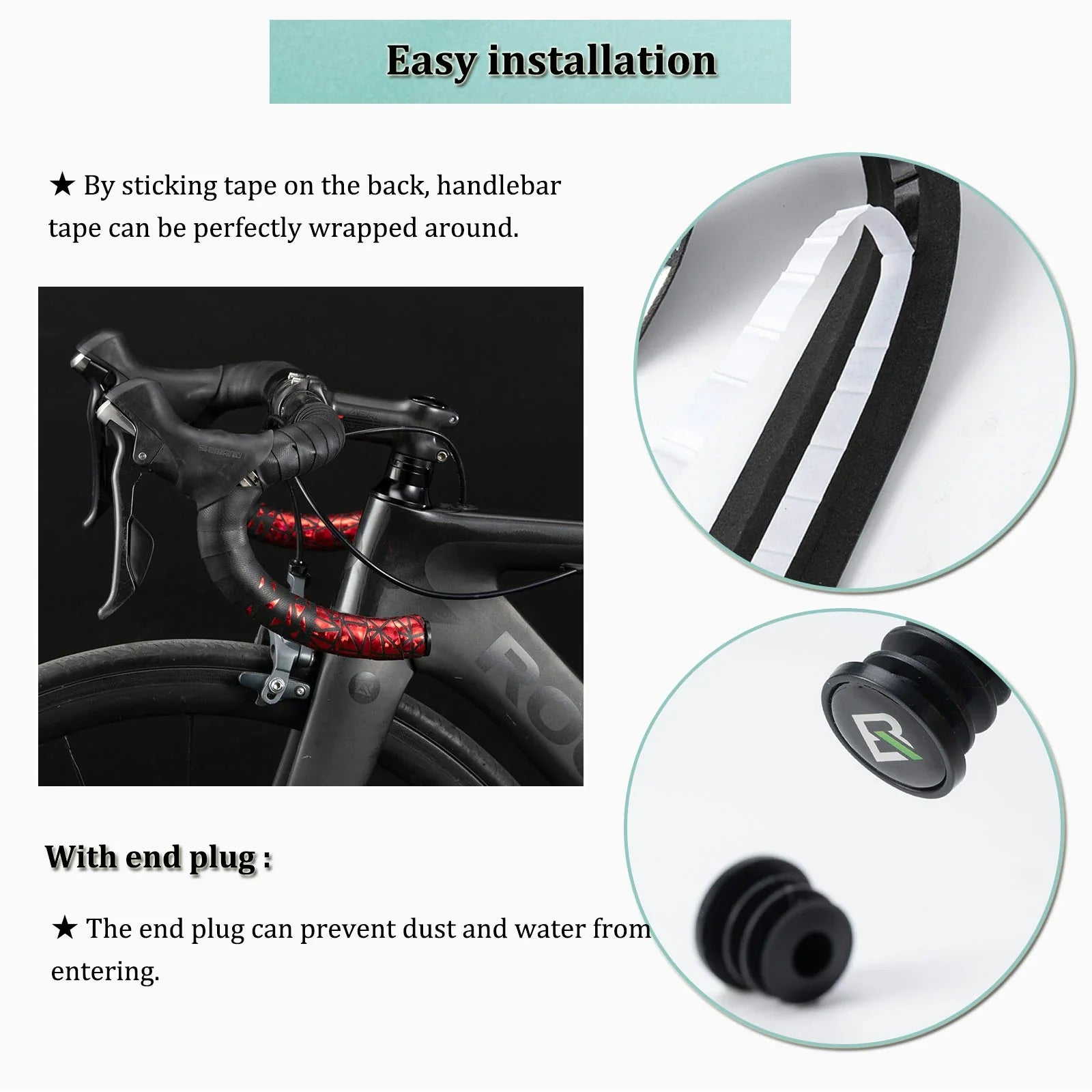 Bicycle handlebar tape with installation instructions and end plug on a white background