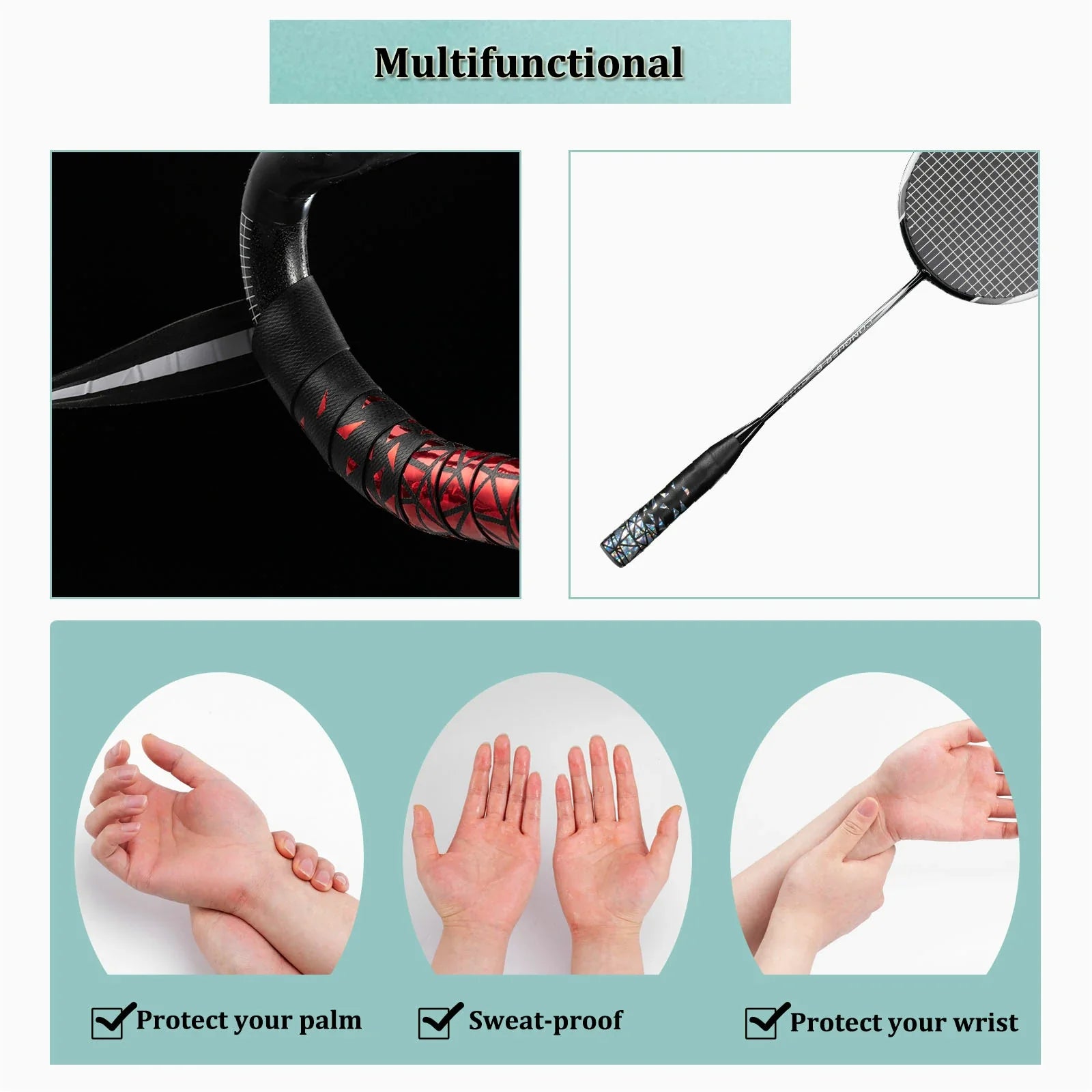 Multifunctional product with applications on a racket, shown with images of hands and feet.