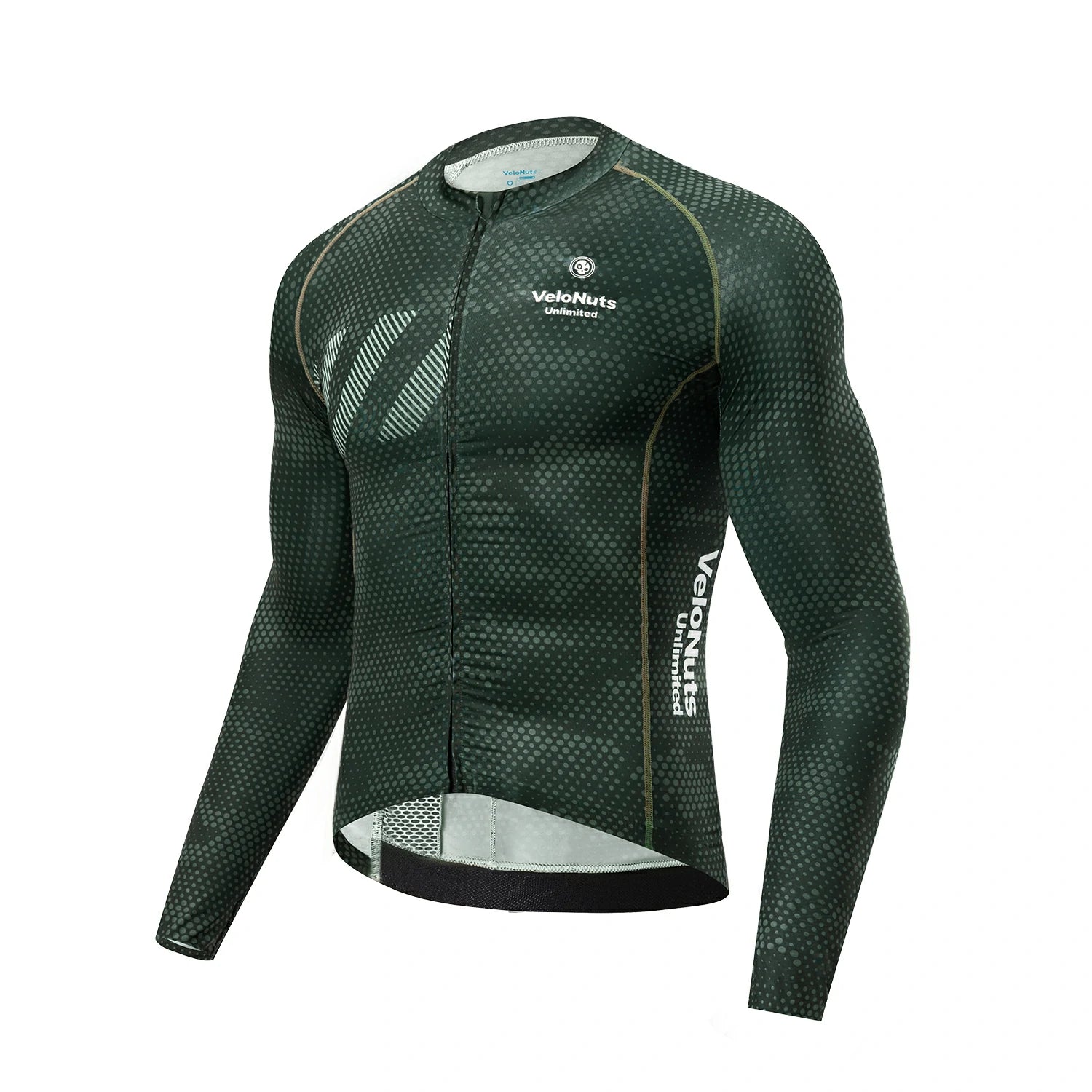 Green cycling jersey with 'VeloNuts' branding on a white background #color_green