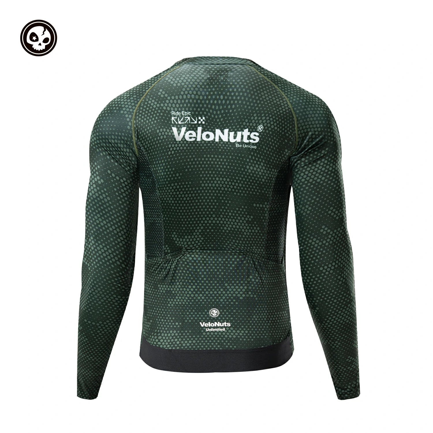 Green long-sleeve athletic shirt with 'VeloNuts' branding on a white background #color_green