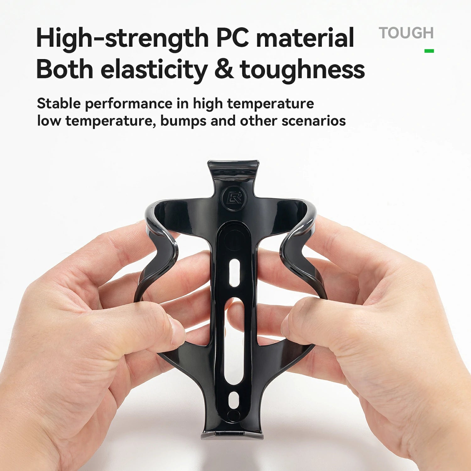 Black bottle holder being held by hands with text about high-strength PC material and stability.