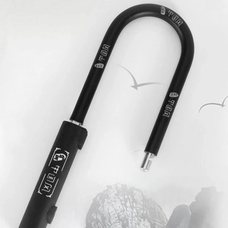 A black metal bicycle lock with white branding and technical markings, shown diagonally against a light gray background with faint bird and rock silhouettes.