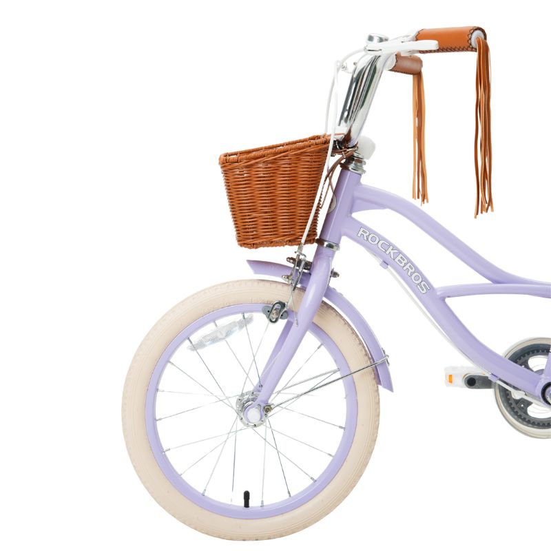Purple children's bicycle with a brown basket on a white background #color_Purple