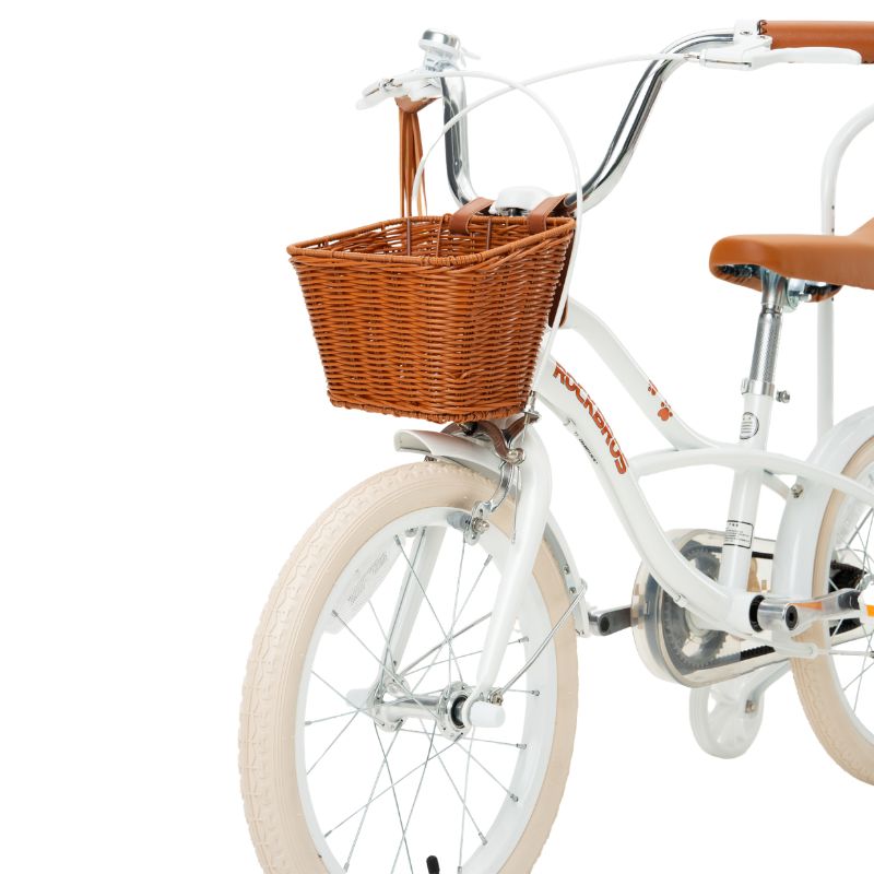 White bicycle with a brown basket on a white background #color_white