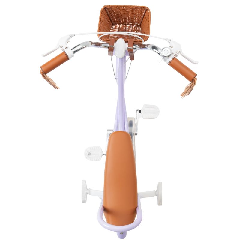 Small bicycle with brown seat and handlebar basket on a white background