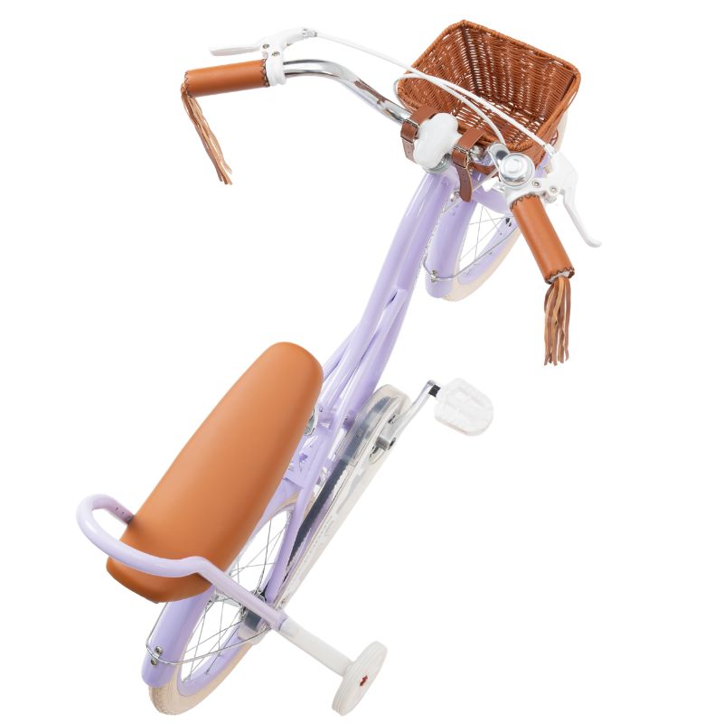 Light purple bicycle with brown basket and seat on a white background