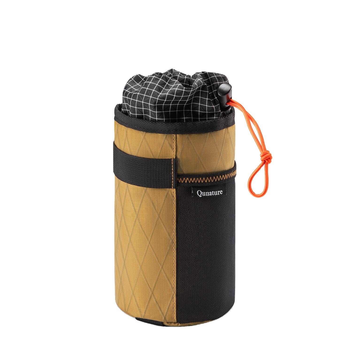 Qunature branded cylindrical pouch with quilted design and black accents on a white background #Color_Brown