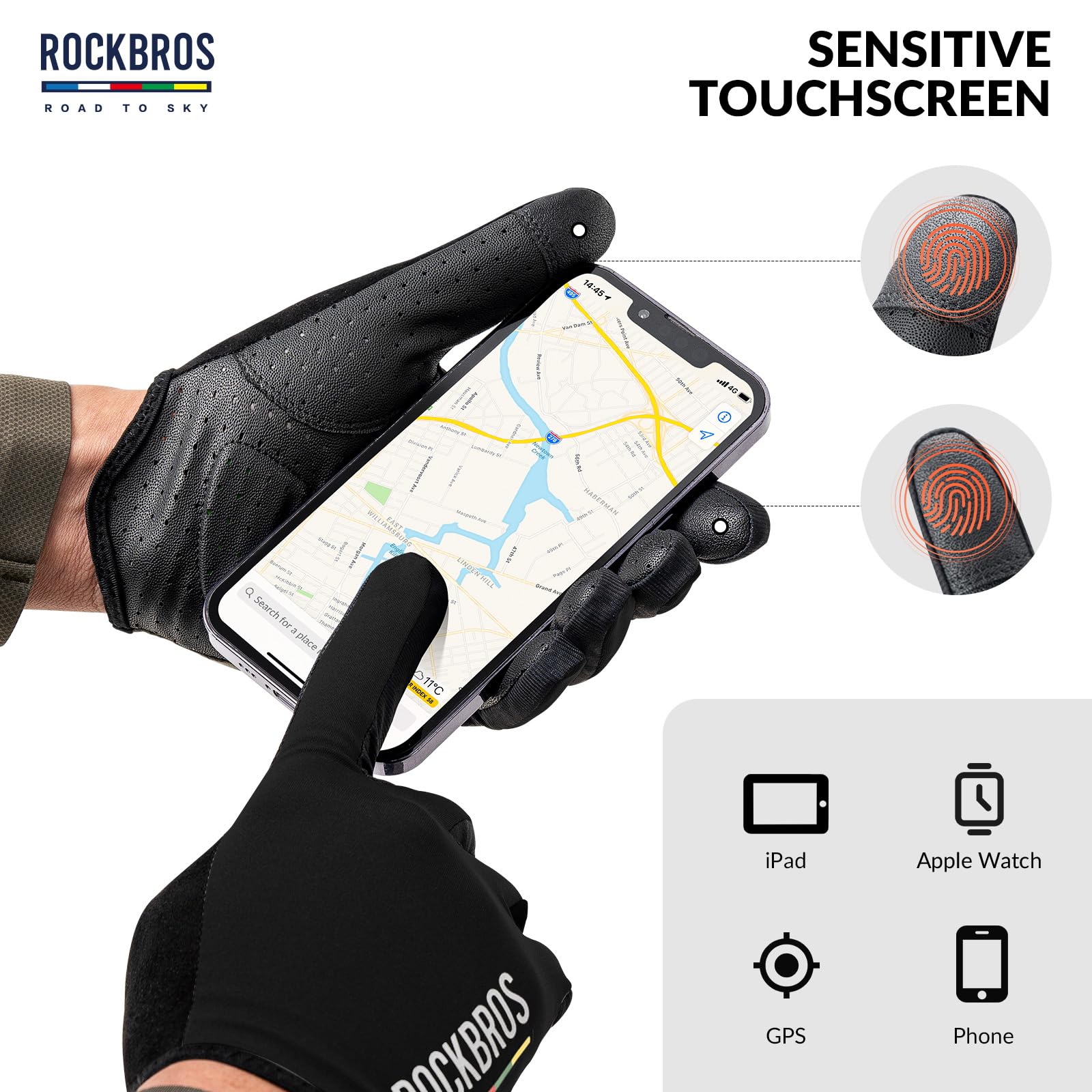 ROCKBROS Road-to-Sky Spring Summer Cycling Gloves Full Finger Touch Screen #Color_Black