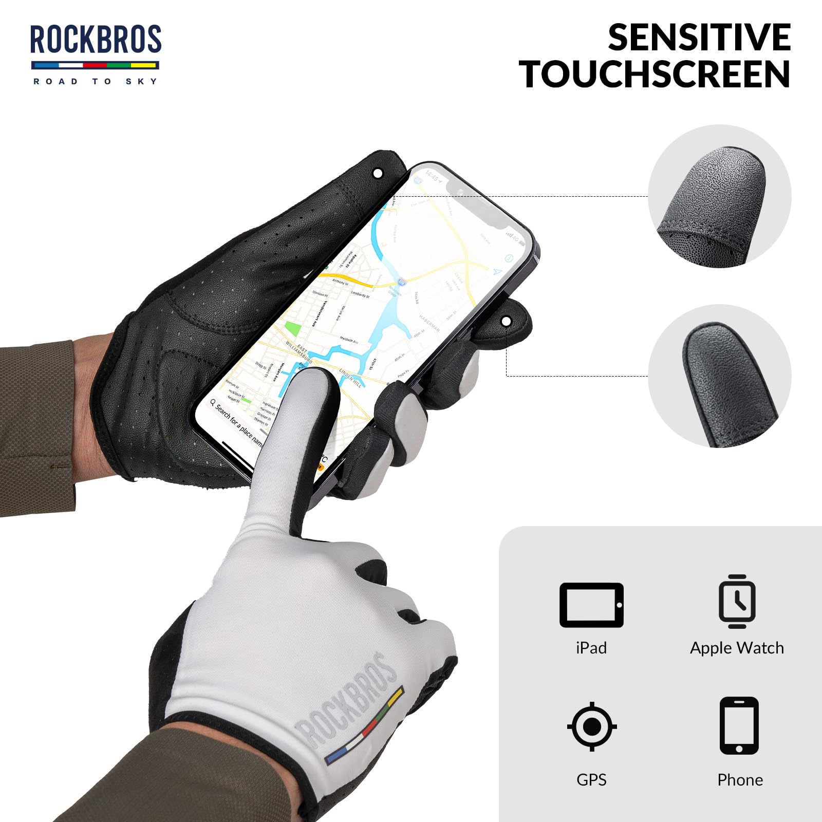 ROCKBROS Road-to-Sky Spring Summer Cycling Gloves Full Finger Touch Screen #Color_White