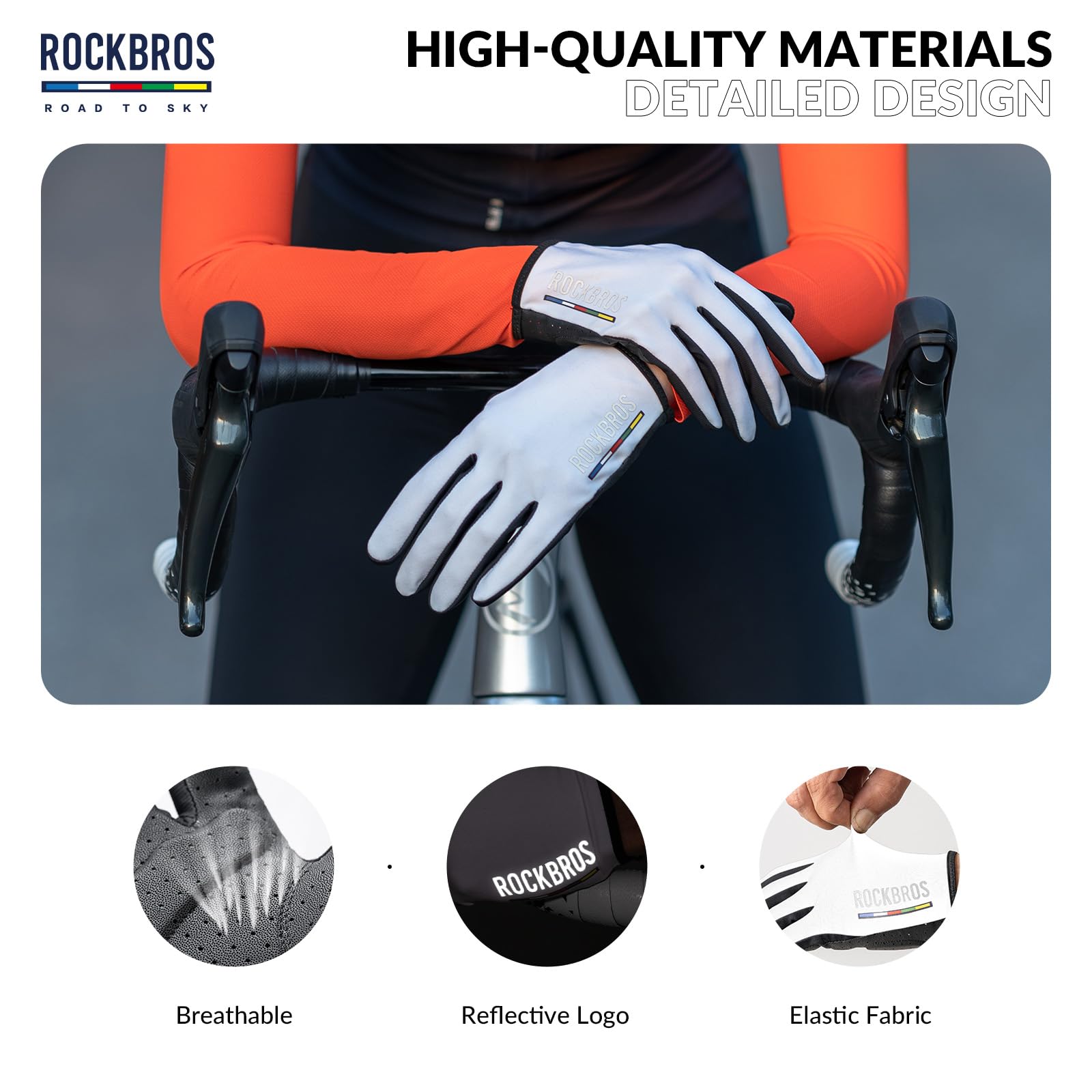 ROCKBROS Road-to-Sky Spring Summer Cycling Gloves Full Finger Touch Screen #Color_White