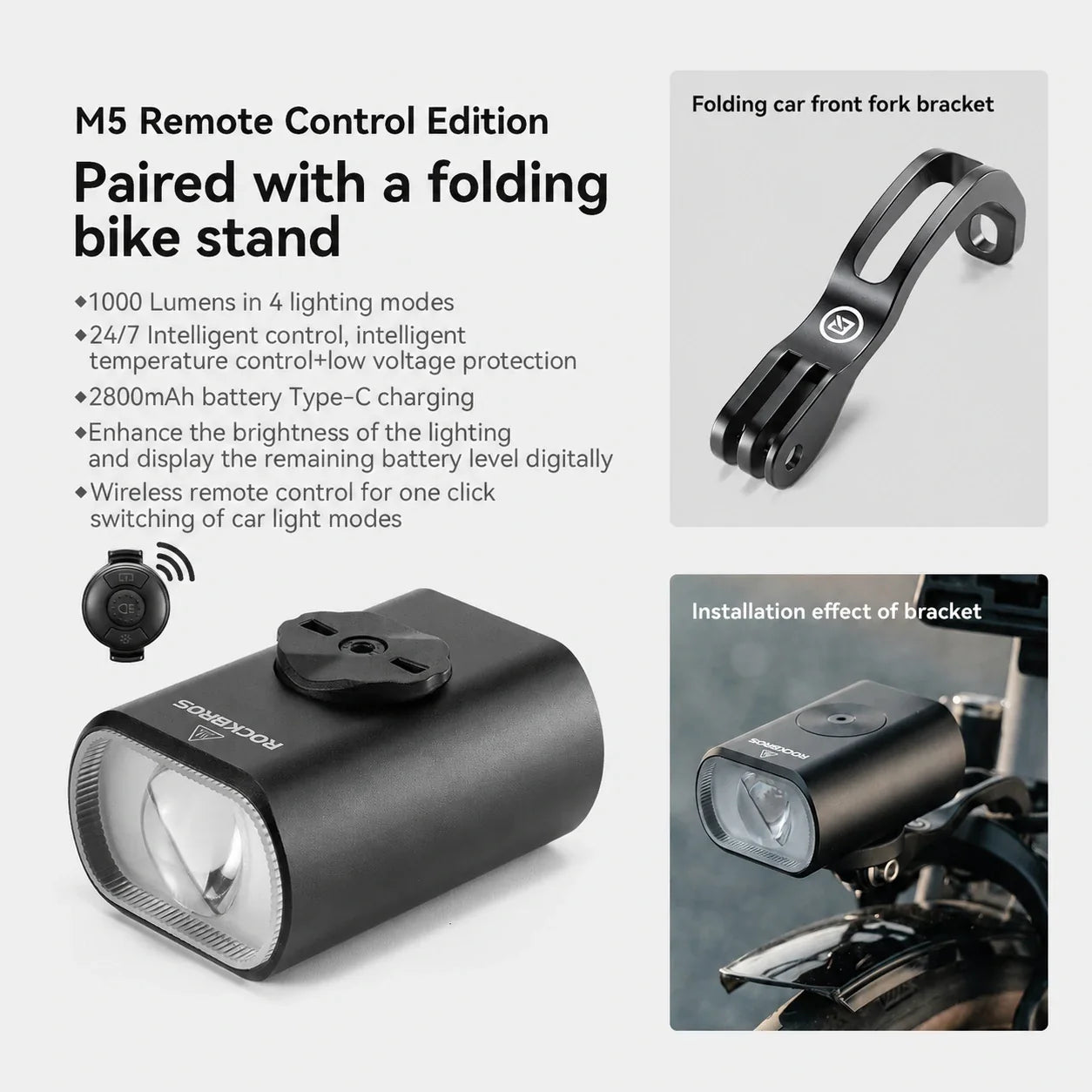 A promotional graphic for a black bicycle headlight remote control edition paired with a folding bike stand. The layout includes product text, a small remote control, a large headlight view, a bracket close-up labeled 'Folding car front fork bracket,' and an installation effect photo on a bike. #Color_Standard+folding bike bracket