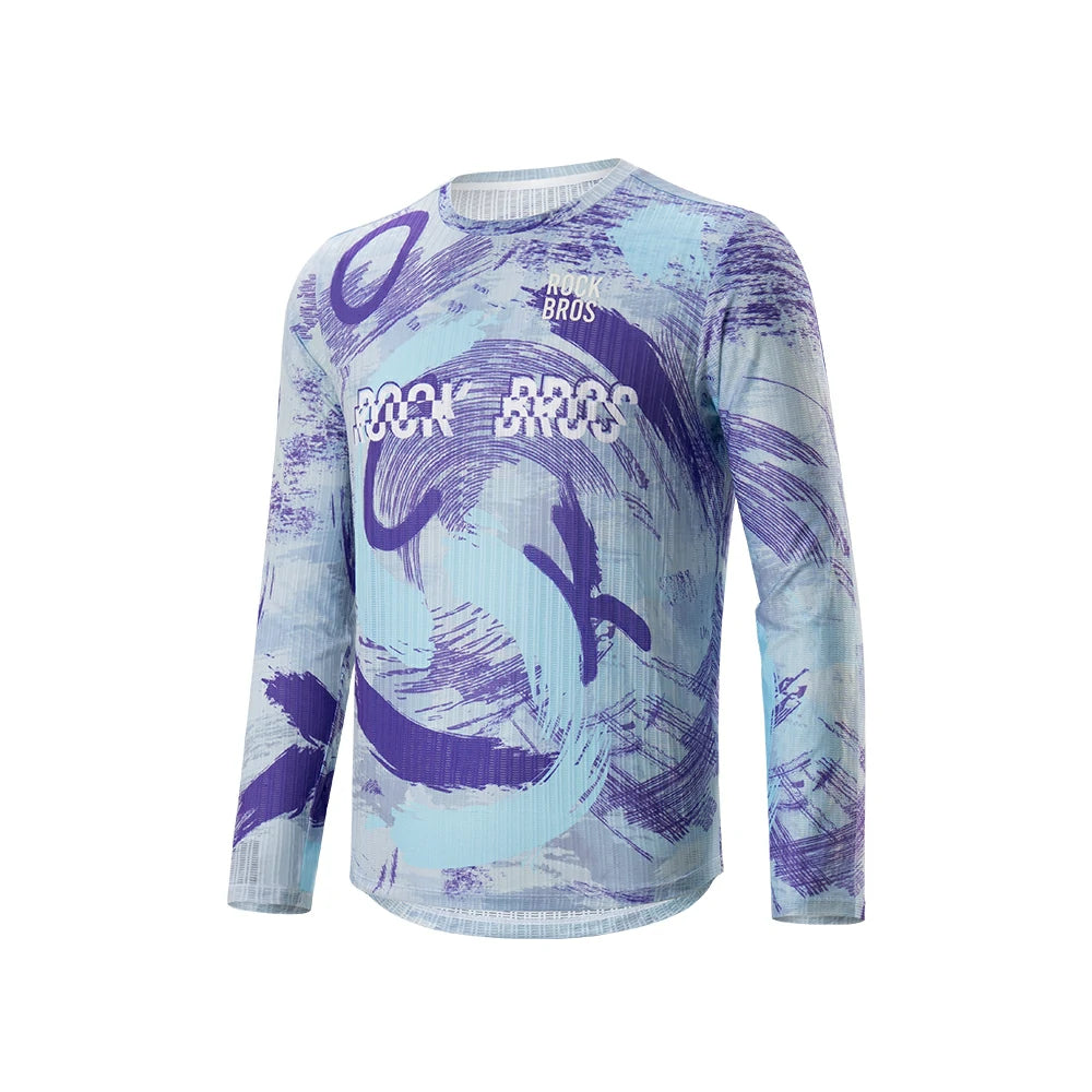 A long-sleeve athletic jersey with a light blue and purple abstract paint-splatter pattern, featuring 'ROCK BROS' printed across the chest and 'THE ROCKBROS' logo on the upper chest. #Color_Purple