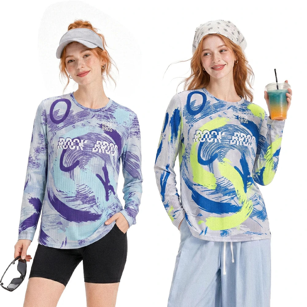 Two women modeling matching long-sleeve athletic shirts with a blue, purple, and neon yellow abstract wave design and 'ROCK BROS' text across the chest, against a plain white background.