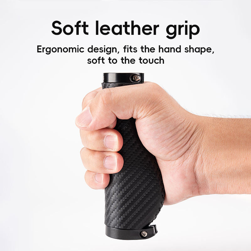 Hand holding a black grip with text describing its soft leather material and ergonomic design.