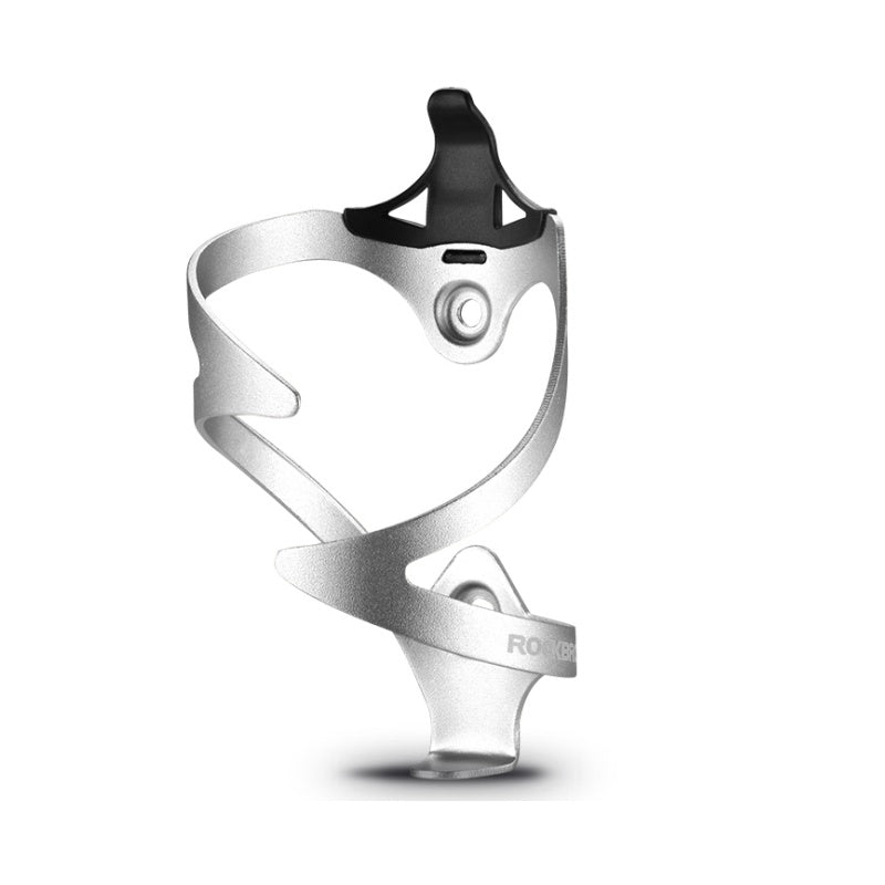 Silver bicycle bottle cage with black top on a white background