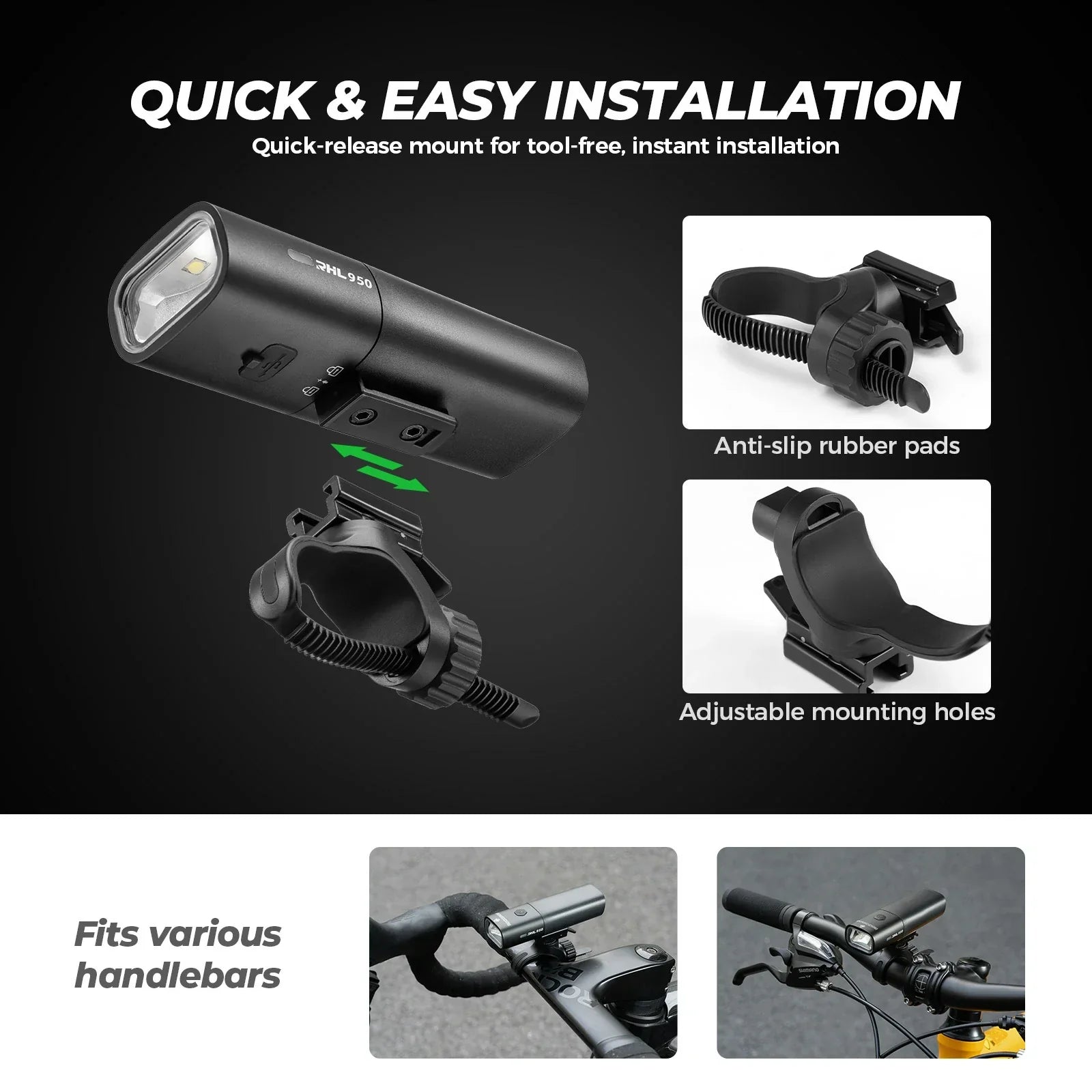 ROCKBROS bike front light 950 lumens removable battery anti-glare