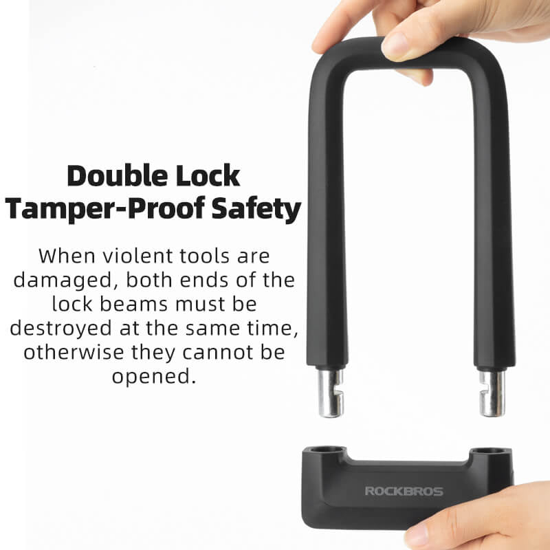 Black U-shaped lock with text on double lock tamper-proof safety