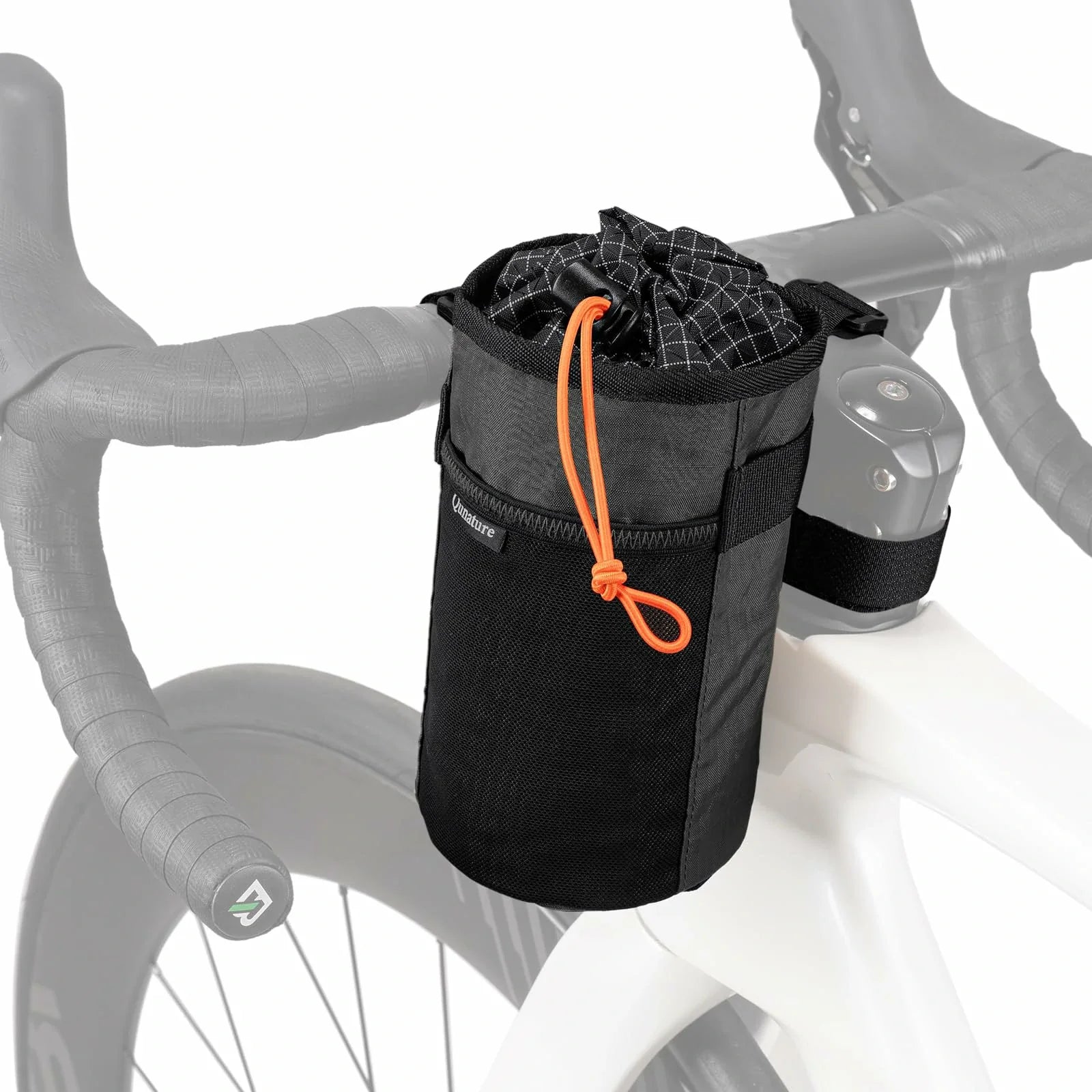 Black bicycle handlebar bag with an orange drawstring on a white background #Color_Black
