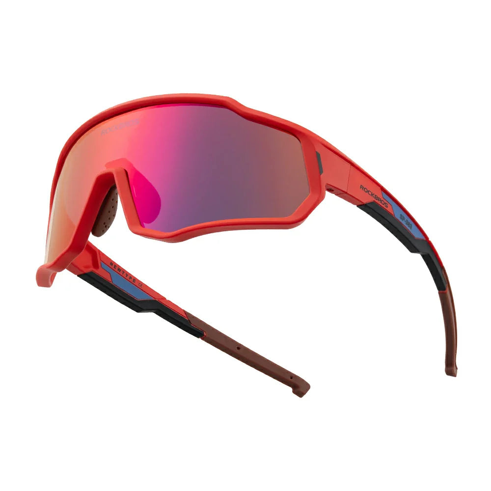 Red sunglasses with a reflective lens on a white background #color_Matte Red / Polarized Red Purple