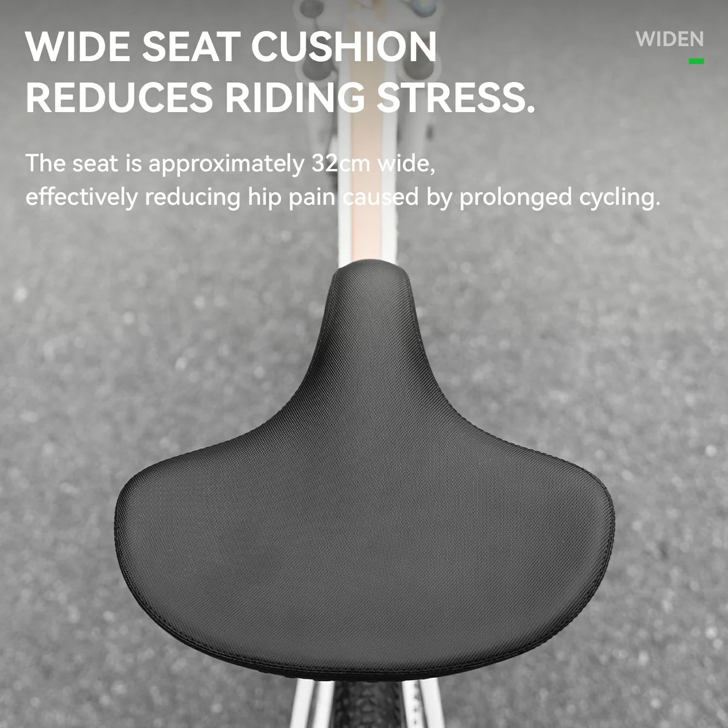 Bicycle seat with wide cushion on a gray background, featuring text about reduced riding stress.
