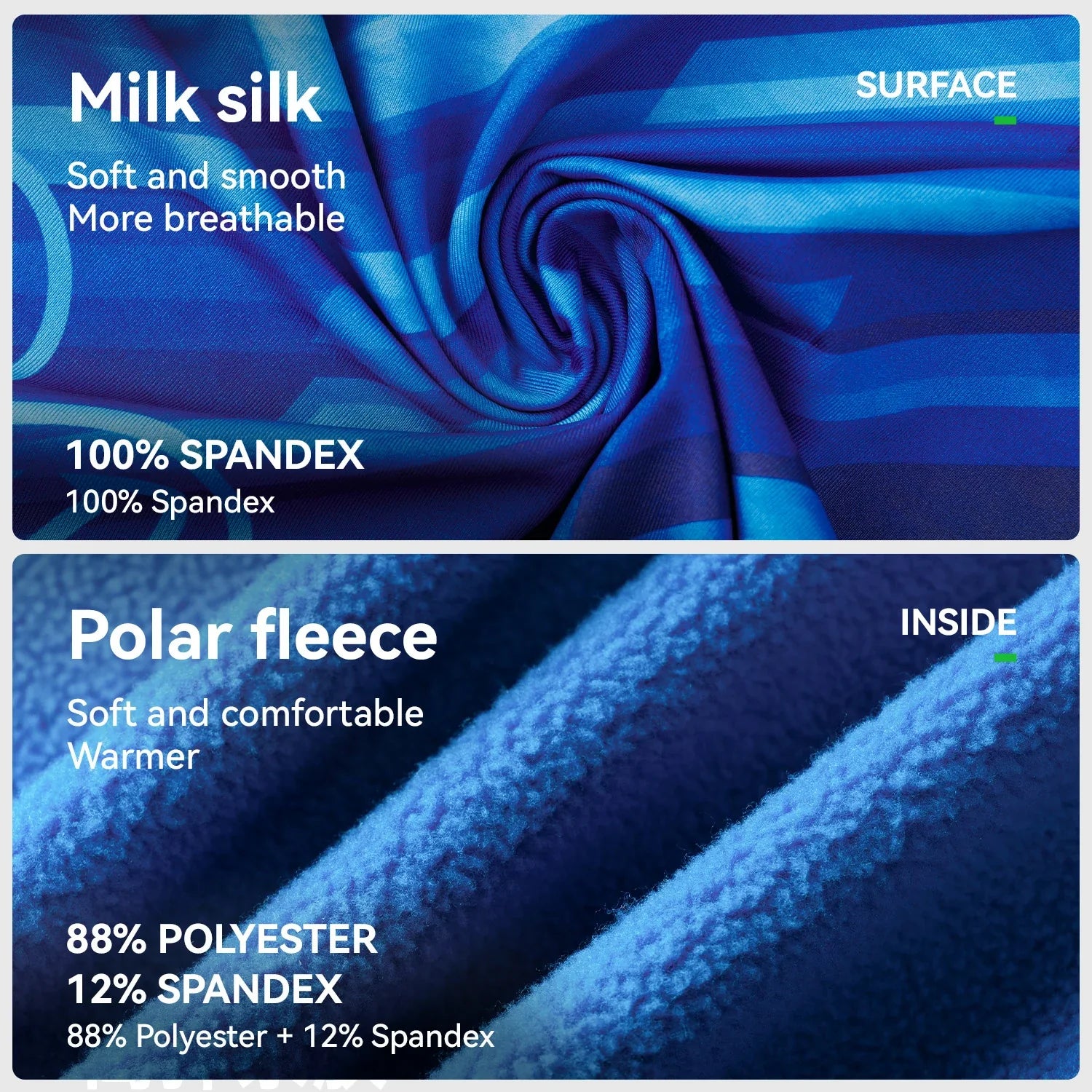 Comparison of milk silk and polar fleece fabrics with text describing properties.