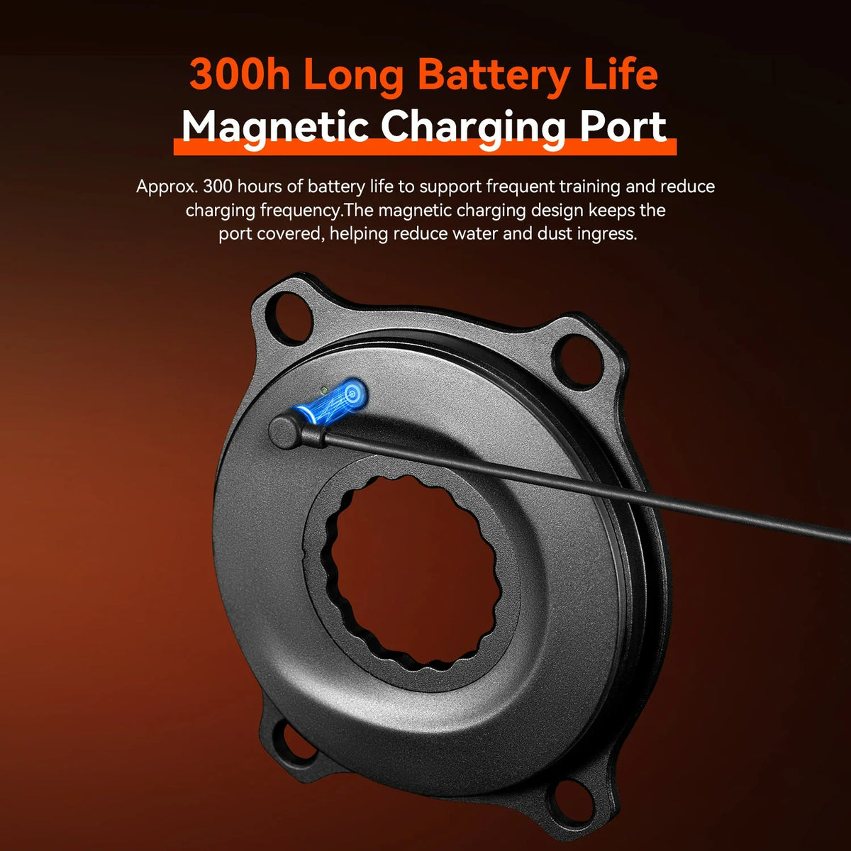 A dark metallic magnetic charging port cover with a blue sliding switch and a charging cable, shown on a dark brown gradient background with promotional text about 300h battery life.
