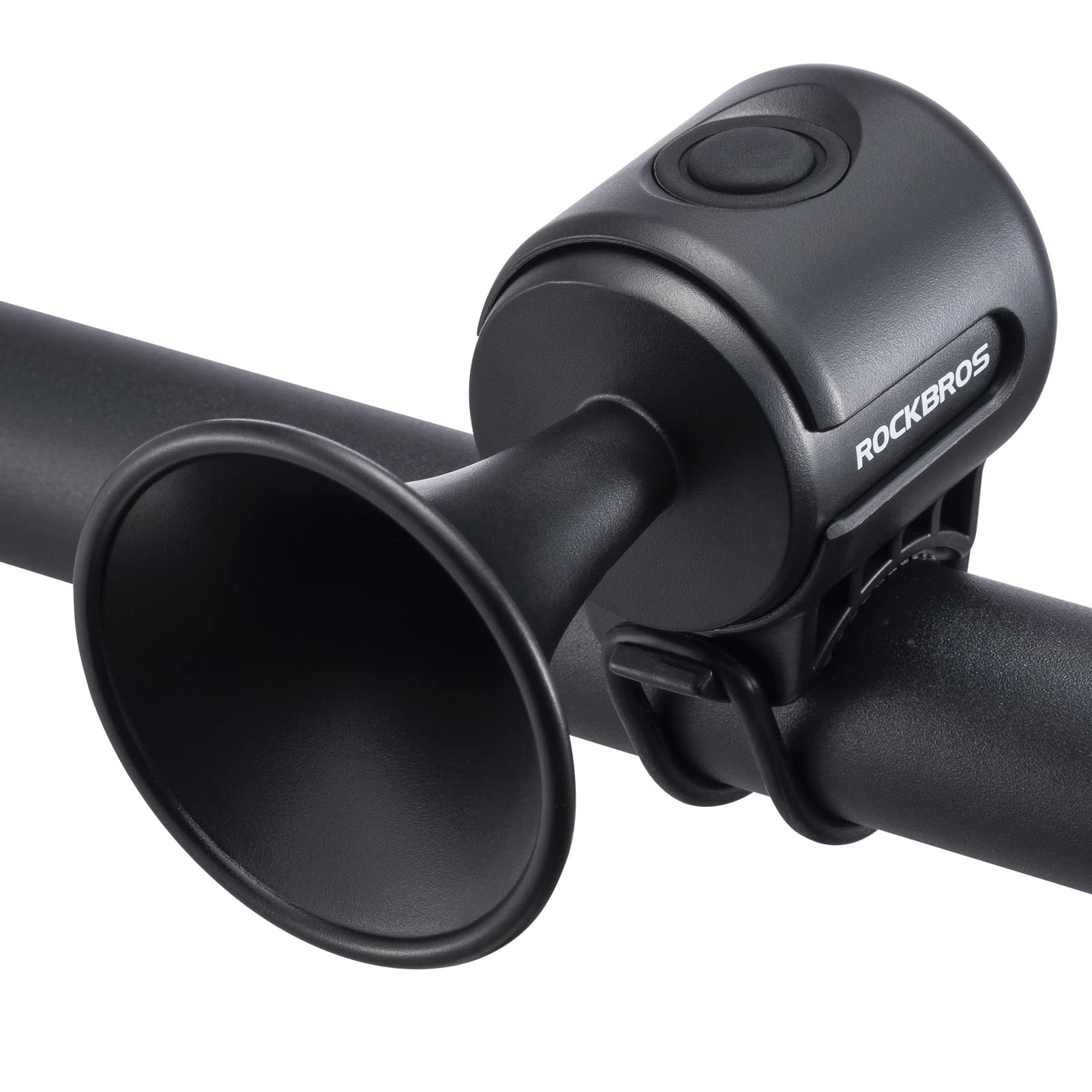 Black bicycle horn with 'RockBros' branding on a white background #color_Black
