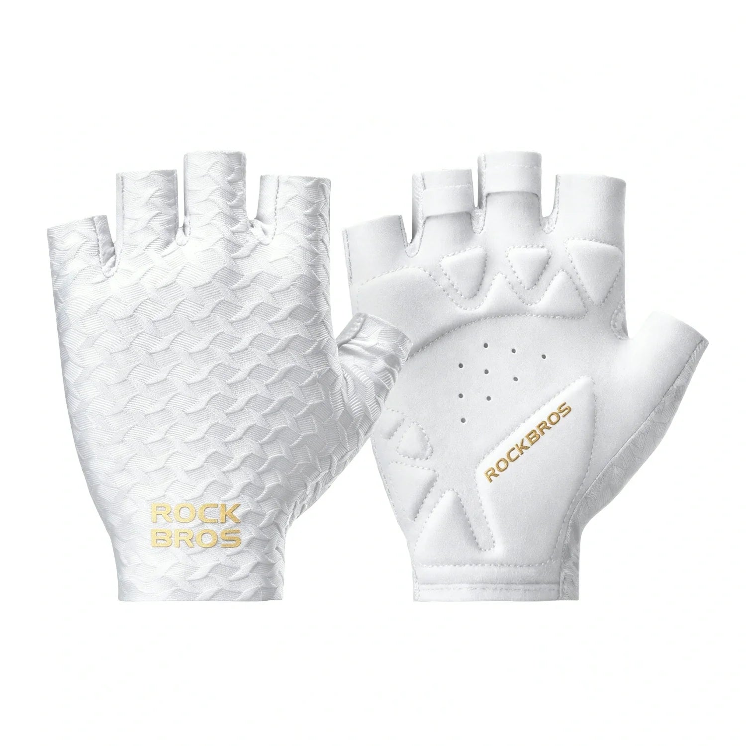 A pair of white fingerless cycling gloves shown from both the back and palm sides, featuring a textured scale pattern on the back and gold 'ROCKBROS' branding. #Color_White