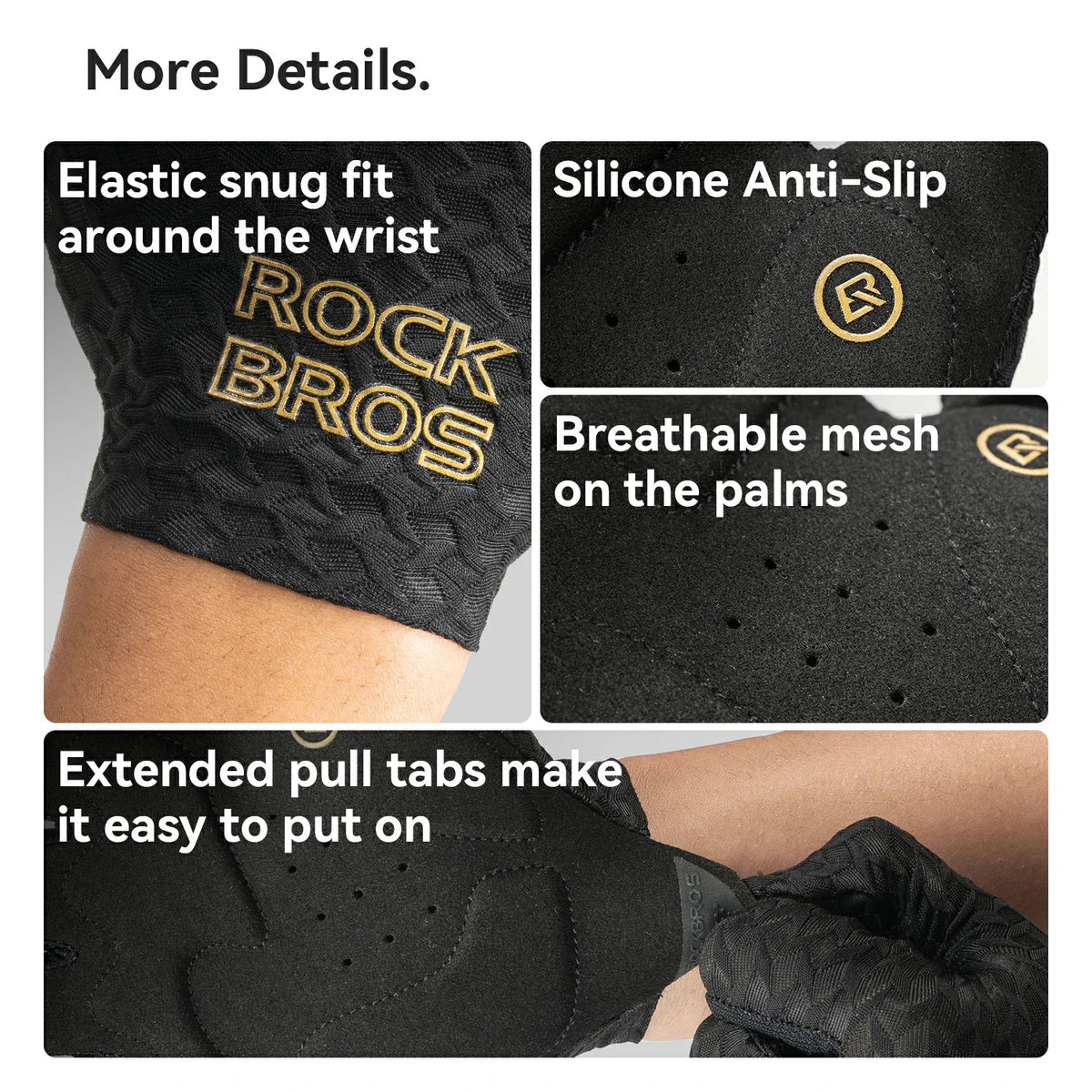 A four-panel product detail graphic for a black Rock Bros glove. Text callouts highlight features including elastic snug fit around the wrist, silicone anti-slip, breathable mesh on the palms, and extended pull tabs for easy putting on.