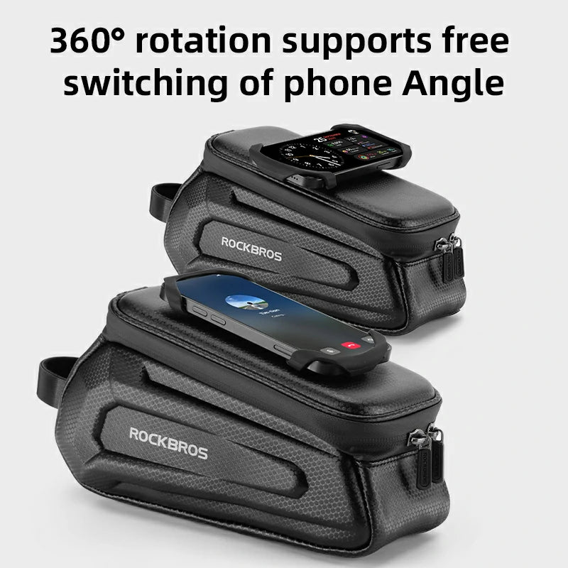 Black phone mount with 360-degree rotation feature on a white background