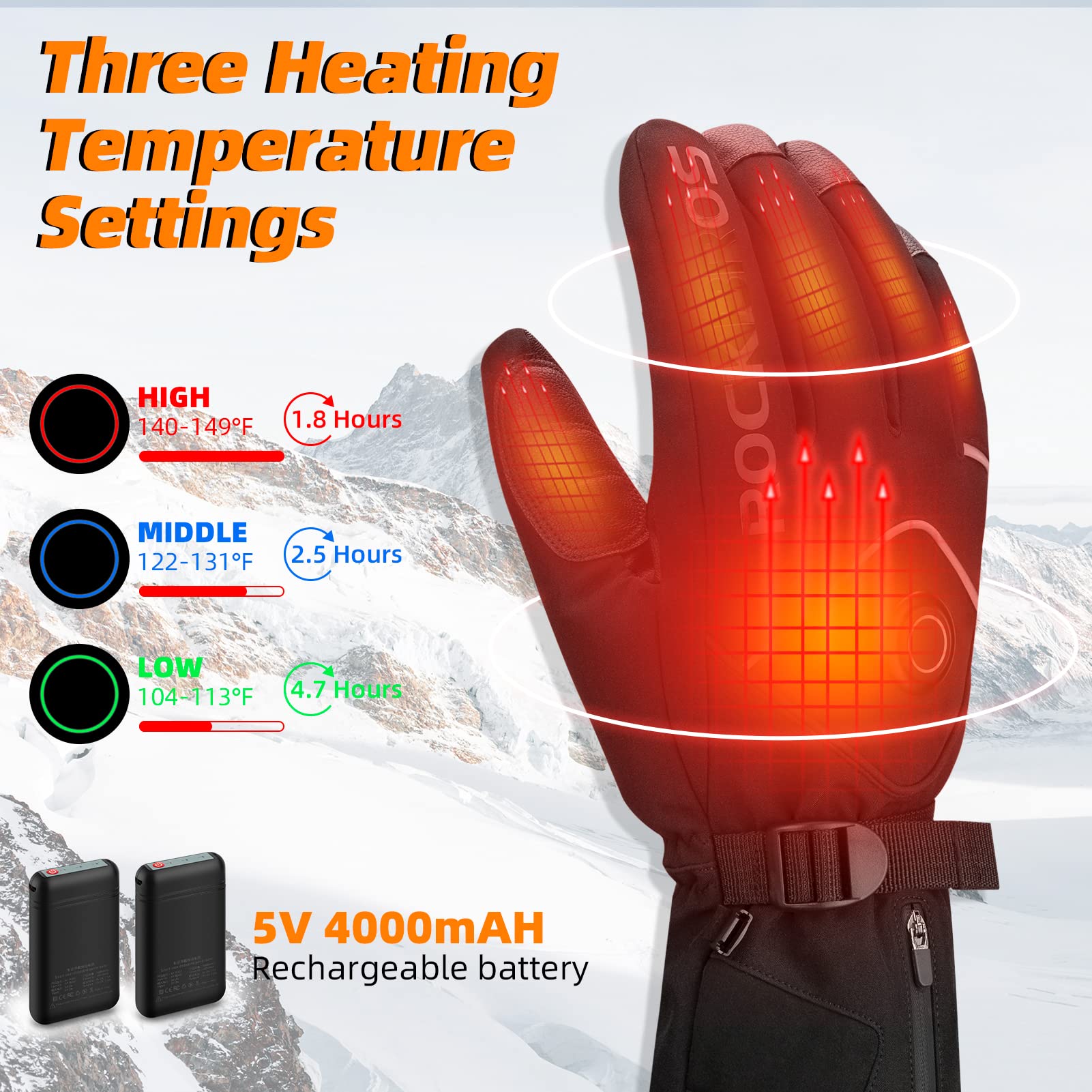 ROCKBROS Heated Gloves, Rechargeable Winter Touchscreen Gloves for Cycling, Skiing, Motorcycling