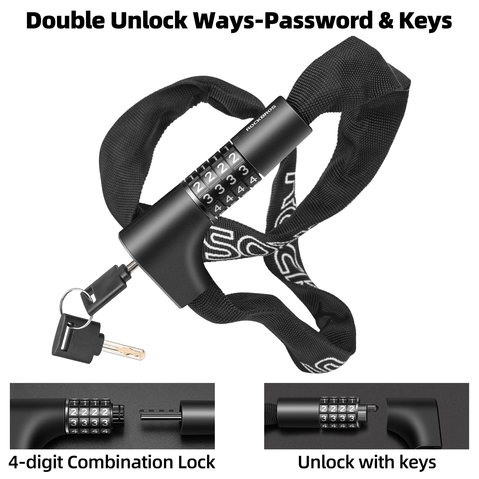 3.2FT Bike Chain Lock Anti-Theft Security Lock Resettable Combination 2 Keys