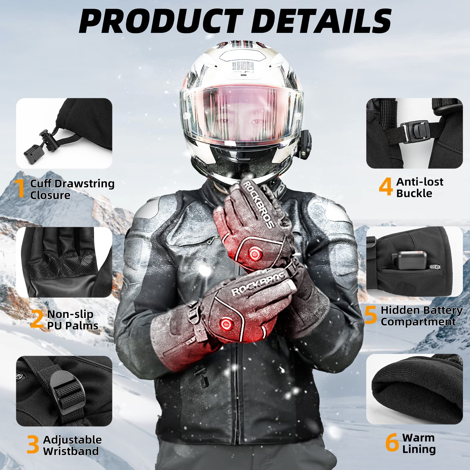 ROCKBROS Heated Gloves, Rechargeable Winter Touchscreen Gloves for Cycling, Skiing, Motorcycling