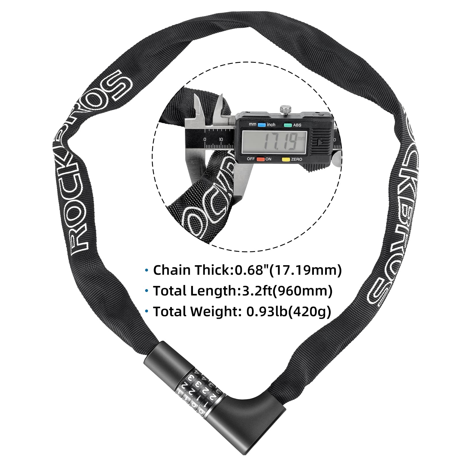 3.2FT Bike Chain Lock Anti-Theft Security Lock Resettable Combination 2 Keys
