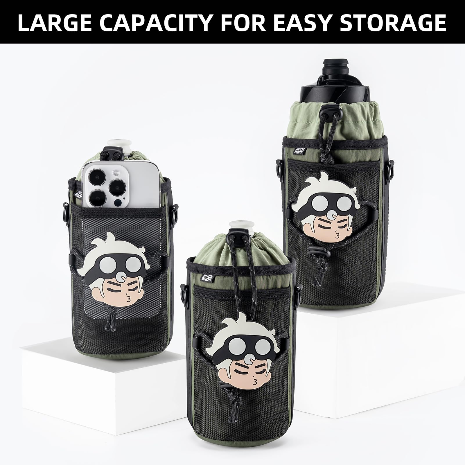 ROCKBROS Bike Water Bottle Holder with Mesh Pockets for Kids Adults