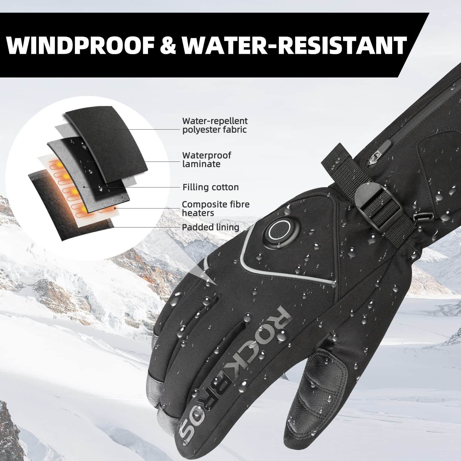 ROCKBROS Heated Gloves, Rechargeable Winter Touchscreen Gloves for Cycling, Skiing, Motorcycling