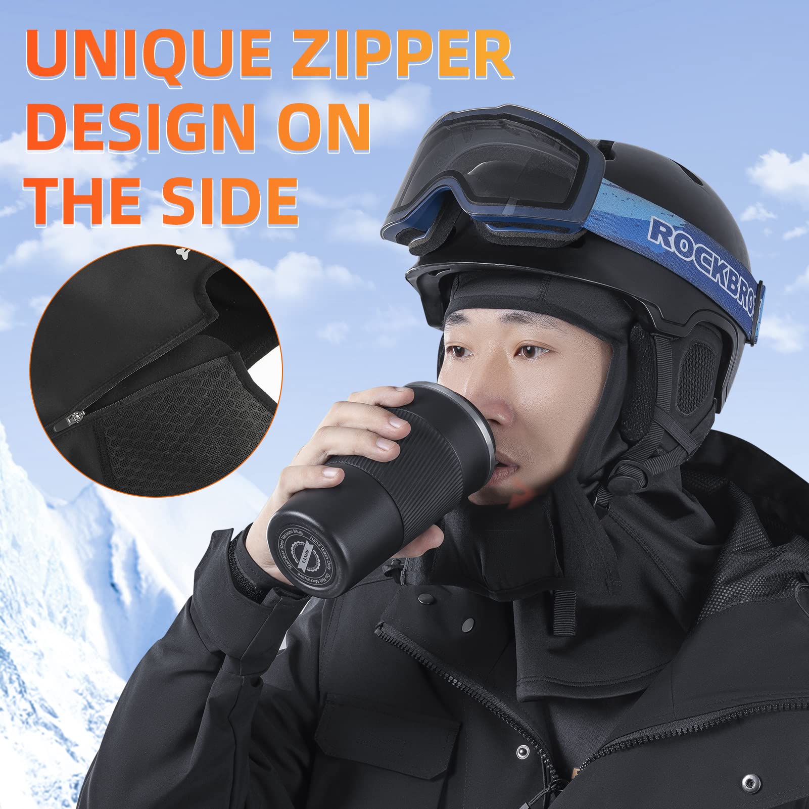 ROCKBROS Balaclava Ski Mask with Zipper Waterproof Winter Fleece Hood Black