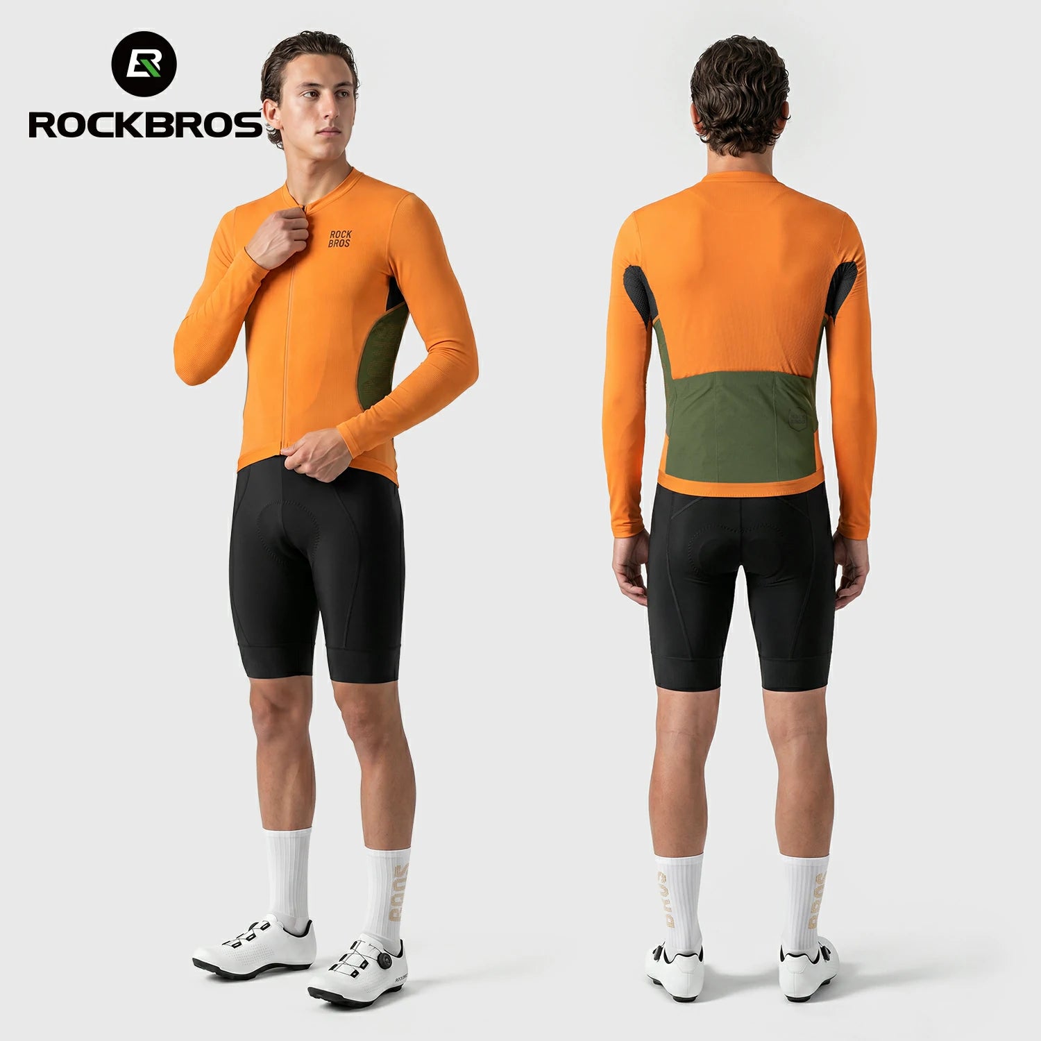 A male model shown from the front and back wearing a long-sleeve cycling jersey in bright orange with dark green and black color blocking, paired with black shorts and white cycling shoes on a light gray studio background. The ROCKBROS logo appears in the top left corner. #Color_Orange