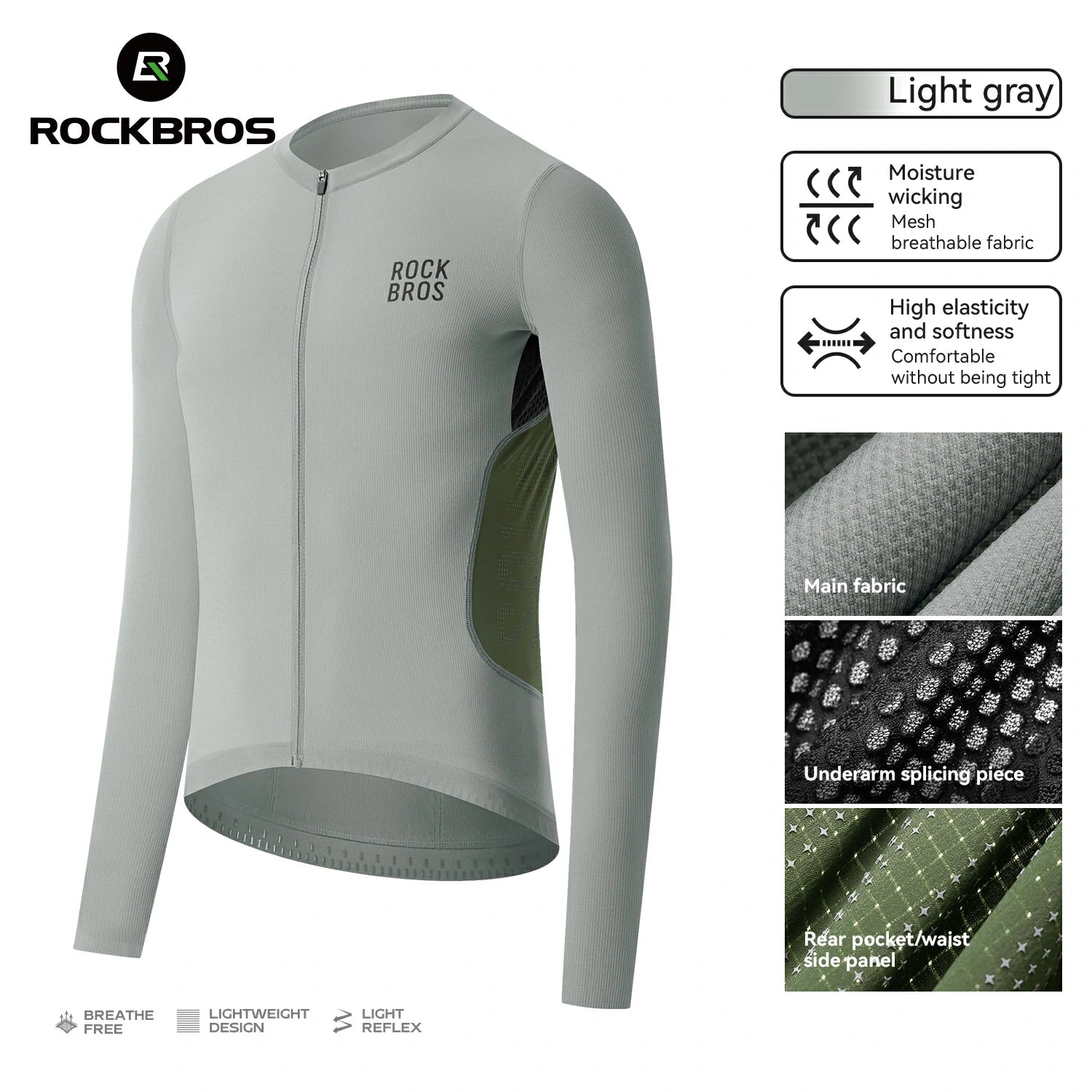 A light gray long-sleeve cycling jersey by Rockbros, displayed on a white background with feature callouts and fabric close-ups on the right. The jersey has a full front zipper, a subtle black Rockbros logo on the left chest, and dark green side panel accents. #Color_Gray