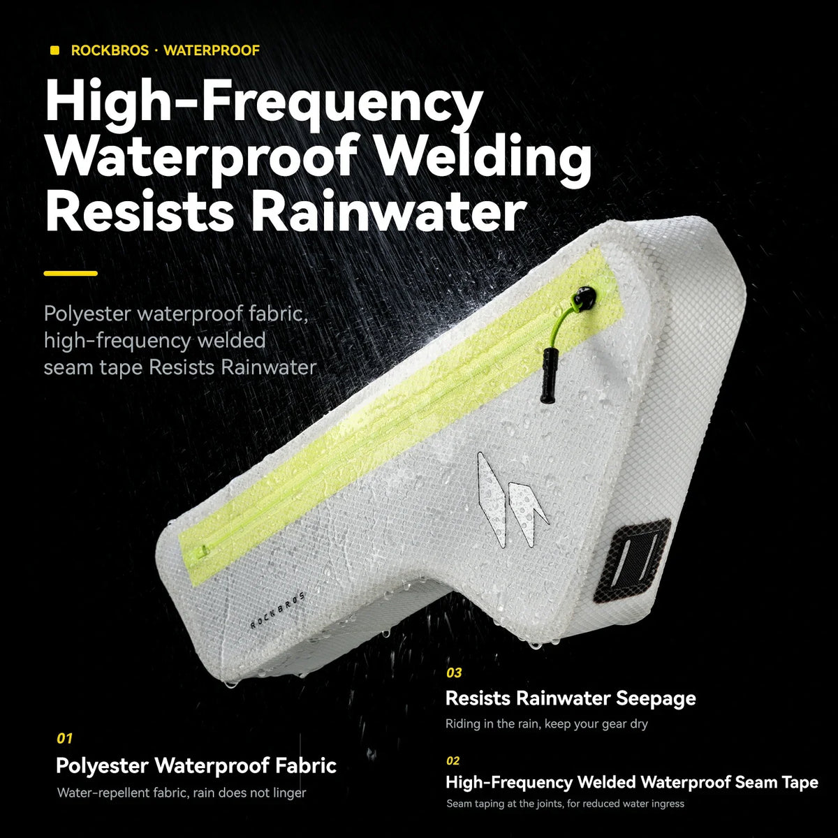 Water-resistant zipper and seam details on the frame bag