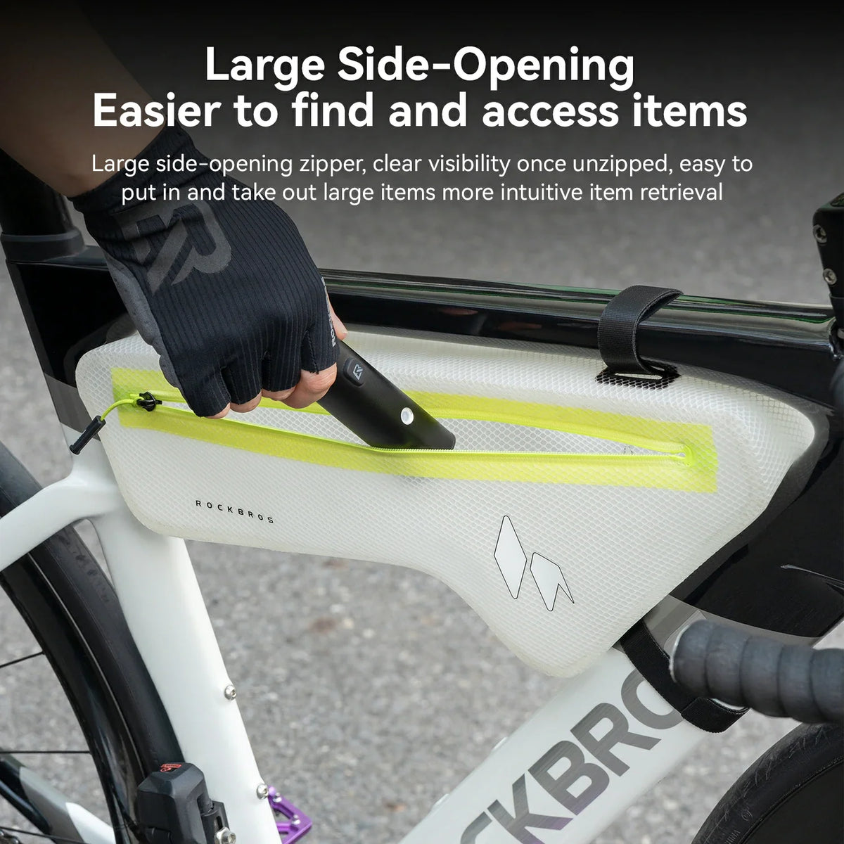 Close-up of the wide-opening zipper on the frame bag